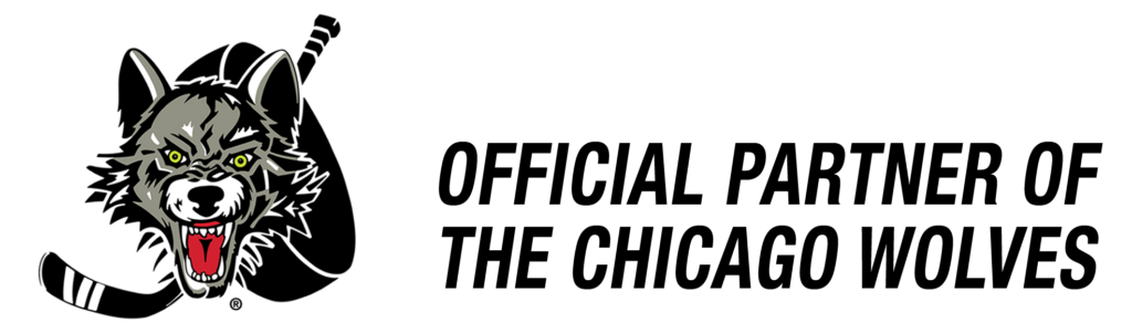Chicago Wolves hockey team logo next to the text “OFFICIAL PARTNER OF THE CHICAGO WOLVES”.