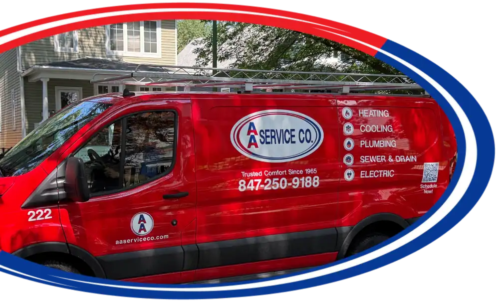 Red Aa Service Co. Van Parked In Front Of A House, Displaying Company Logo, Contact Info, And Services Including Heating, Cooling, Plumbing, Sewer &Amp; Drain, And Electric.