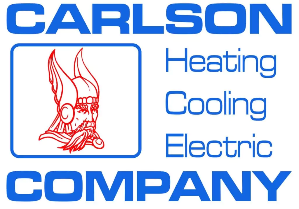 About Us: A Blue Text Logo For Carlson Company Featuring A Striking Red Viking Head Illustration. The Text Proudly Reads: Heating, Cooling, Electric.