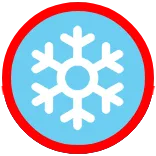A White Snowflake Icon Inside A Blue Circle With A Red Border.