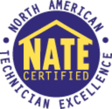 Circular Logo With &Quot;Nate Certified&Quot; In Yellow Inside A House Outline. Surrounding Text Reads &Quot;North American Technician Excellence.