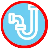 Icon Of A White Plumbing Pipe On A Blue Circle With A Red Border.
