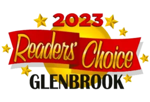 2023 Reader'S Choice Award Logo For Glenbrook, Featuring A Red Banner, Yellow Stars, And Gold Accents.
