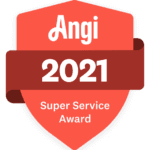 Discover More About Us With Our Red Shield-Shaped Badge Displaying The &Quot;Angi 2021 Super Service Award&Quot; In Bold White Text.