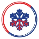 Circular Logo With A Red And Blue Snowflake Design In The Center, Encircled By A Thin Red And Blue Ring.