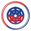 A Circular Logo With An Abstract Design Featuring Blue And Red Concentric Circles And A Central Blue Element Resembling A Wheel Or Gear On A White Background.