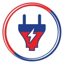 Icon Of A Stylized Blue And Red Plug With A Lightning Bolt In The Center, Encircled By A Red And Blue Gradient Ring On A White Background.