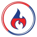 A Stylized Red And Blue Flame Logo Inside A Circular Red And Blue Border On A White Background.