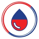 A Blue And Red Droplet Icon Is Inside A Double-Lined Circular Border, One Line Red And The Other Blue, On A White Background.