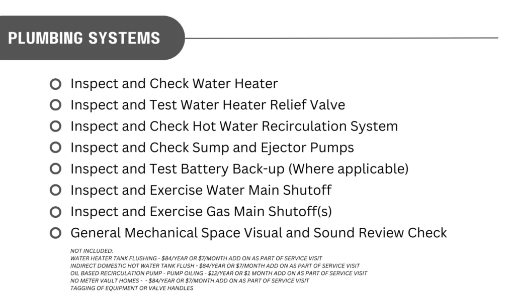 A Detailed Maintenance Plan Outlines Plumbing System Inspection Tasks, Such As Checks On Heaters, Valves, Pumps, And Shutoffs. Additional Notes Cover Service Visit Charges And Tagging Requirements.