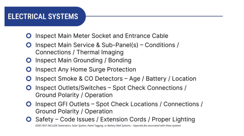 Slide Titled &Quot;Electrical Systems&Quot; Outlining Inspection Items: Main Meter Socket, Sub-Panel Conditions, Grounding, Surge Protection, Smoke Detectors, Outlets, Polarity, Safety, Code Issues. Implement A Maintenance Plan To Ensure All Elements Are Up-To-Code And Functioning Optimally.