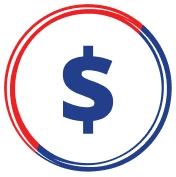 A Blue Dollar Sign Within A Circular Border, Partially Red And Blue, On A White Background.