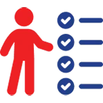 Red Person Icon Next To A Checklist With Blue Checkmarks.