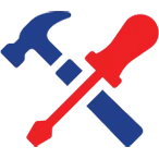 Icon Of A Blue Hammer Crossed With A Red Screwdriver.