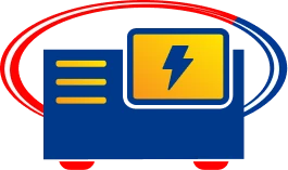 Illustration Of A Blue Electric Generator With A Yellow Panel Displaying A Lightning Bolt. A Red And White Swoosh Encircles The Top.