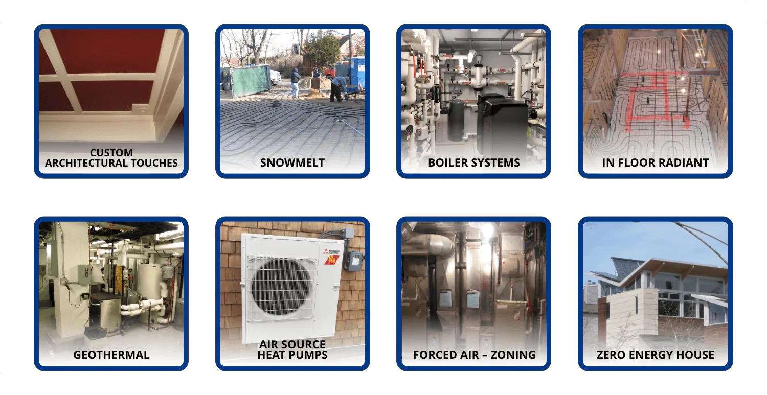 Eight Labeled Images Show: Custom Architectural Touches, Snowmelt, Boiler Systems, In-Floor Radiant, Geothermal, Air Source Heat Pumps, Forced Air-Zoning, And A Zero Energy House.