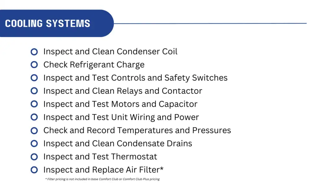 A Bulleted Checklist Outlines Cooling System Services—Inspections, Cleaning, Testing Components, And Replacing The Air Filter—Plus A Note On Air Filter Pricing, All Designed To Fit Seamlessly Into Your Regular Maintenance Plan.