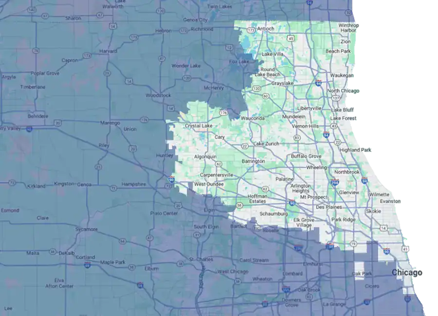 A map showing parts of northeastern Illinois, including Chicago and surrounding suburbs, with shaded regions indicating varying data or coverage areas. Major highways and cities are labeled.