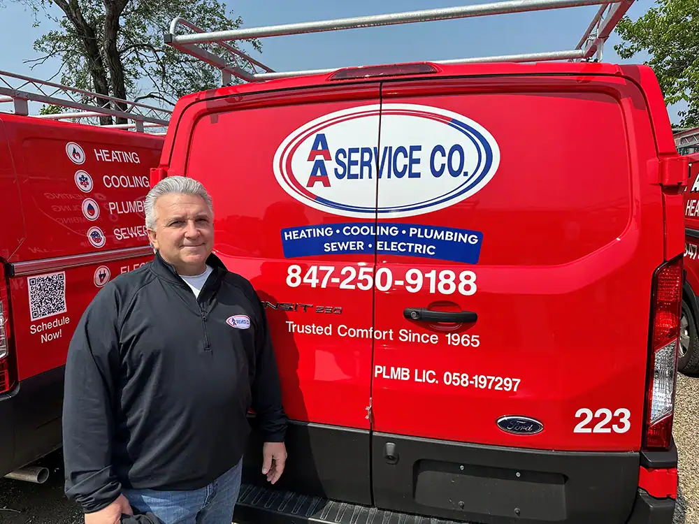 A Man Stands Next To A Red Van Displaying The Logo And Contact Information For A Service Co., Which Provides Heating, Cooling, Plumbing, Sewer, And Electric Services.