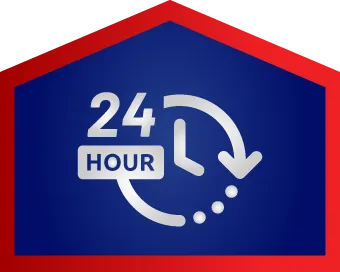 A Silver 24-Hour Clock Icon On A Blue Background, Framed By A Red Border, Indicating Round-The-Clock Service Or Availability.