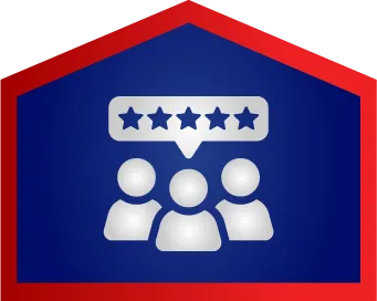 Three Generic Person Icons Are Shown With A Speech Bubble Above Them Containing Five Stars, All Inside A Red-Outlined House Shape With A Blue Background.