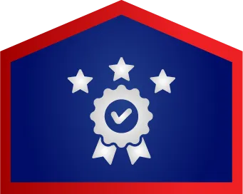 A Blue Badge With A Checkmark And Ribbons Is Centered Below Three White Stars, All Within A Red-Bordered Pentagon.