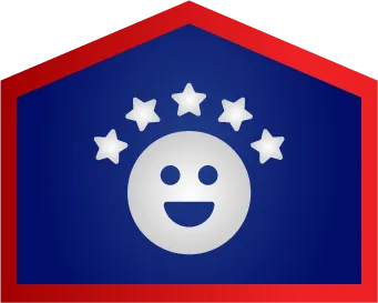 A Smiling Face Icon With Five White Stars Above It, Set Against A Blue Background With A Red Border Shaped Like A Pentagon.