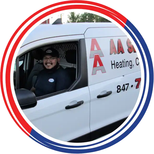 A Person Sits In The Driver'S Seat Of A White Service Van Labeled &Quot;Aa Service&Quot; With Heating, Cooling, And Phone Number Details Visible. The Photo Has A Red, White, And Blue Circular Border.
