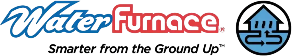 Waterfurnace Logo With The Slogan “Smarter From The Ground Up” And A Blue Circular Icon Featuring An Abstract House And Arrows.