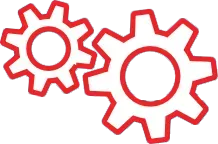 Two Red And White Gear Icons, One Larger And One Smaller With Overlapping Teeth, Symbolize Mechanical Parts Or Technical Processes—Perfect For An About Us Section Highlighting Teamwork And Innovation.