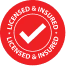 Red Circular Badge With A White Check Mark In The Center And The Words &Quot;Licensed &Amp; Insured&Quot; And &Quot;Aa Service&Quot; Repeated Twice Around The Edge.