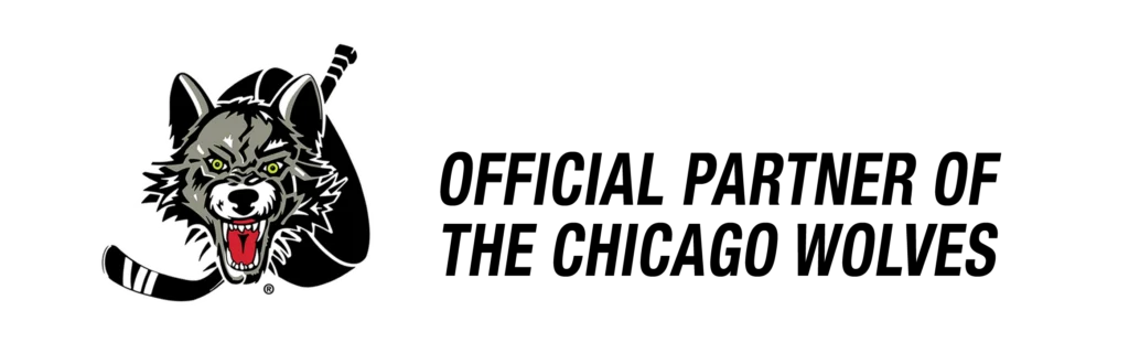 Chicago Wolves Hockey Team Logo Next To Text That Reads: “Official Partner Of The Chicago Wolves”, Presented By Aa Service.